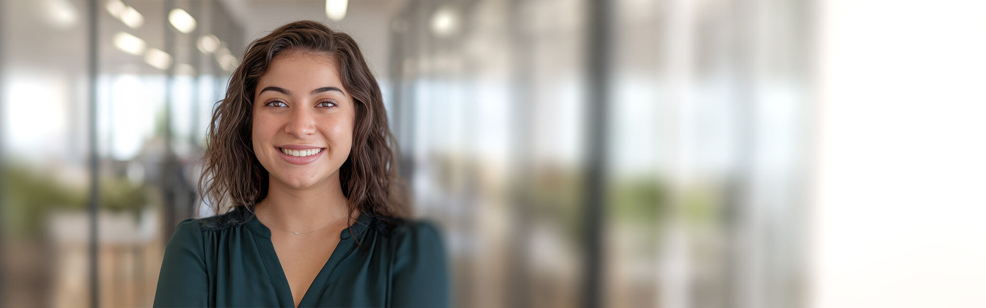 Lächelnde junge Frau steht im Büroflur vor zwei verglasten Konferenzräumen, die im Hintergrund verschwommen zu sehen sind.